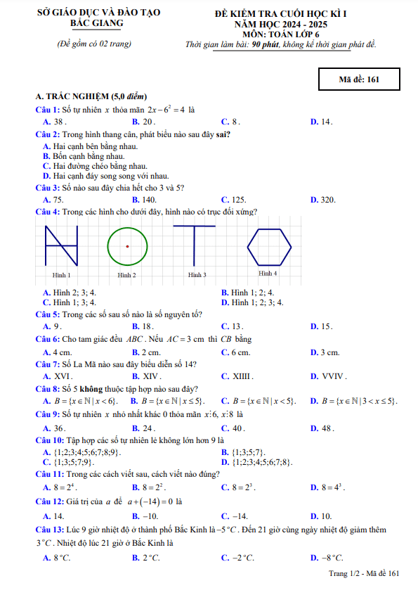 đề kiểm tra cuối học kì 1 toán 6 năm 2024 – 2025 sở gd&đt bắc giang