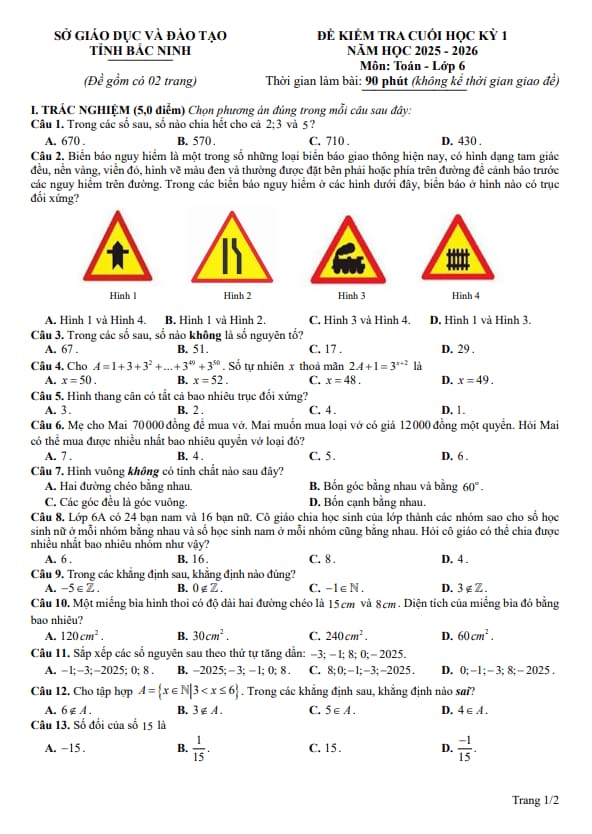 đề kiểm tra cuối học kỳ 1 toán 6 năm 2025 – 2026 sở gd&đt bắc ninh