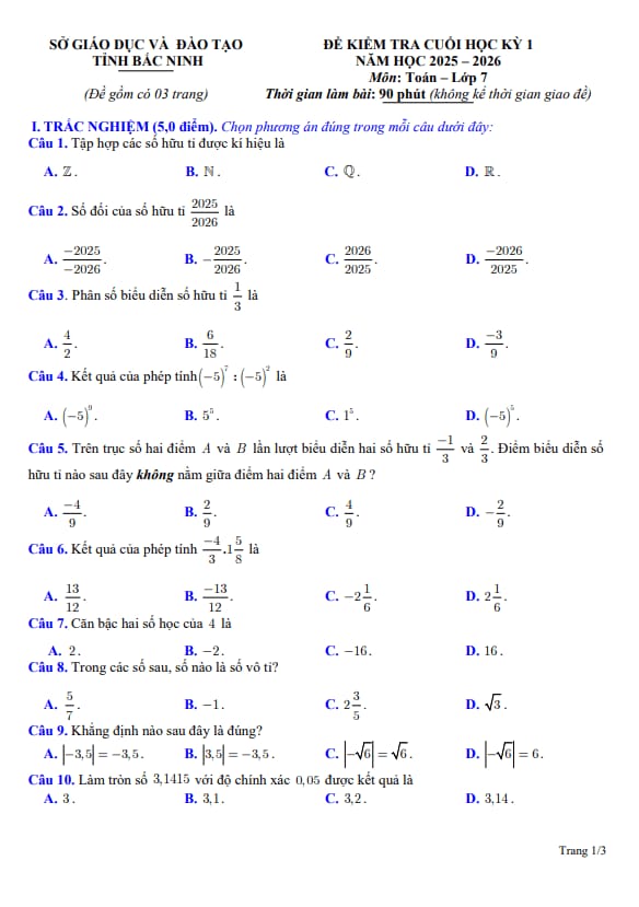 đề kiểm tra cuối học kỳ 1 toán 7 năm 2025 – 2026 sở gd&đt bắc ninh