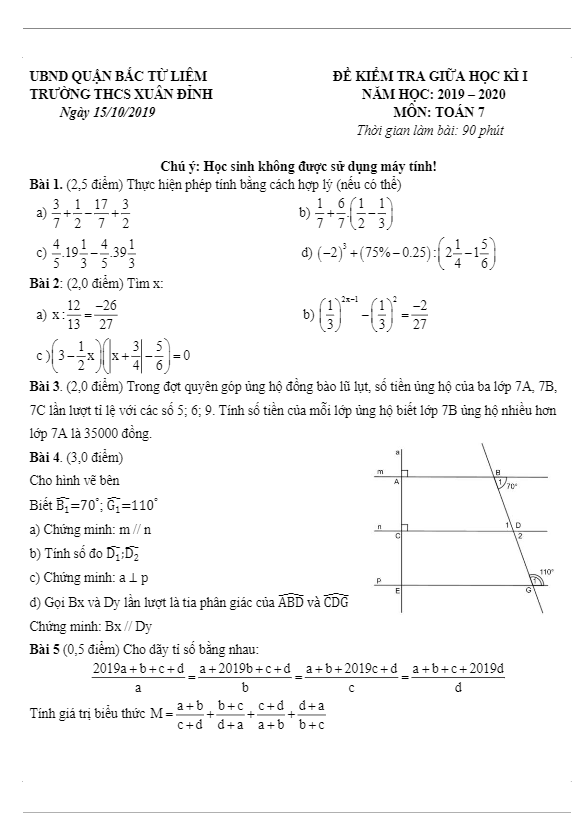 đề kiểm tra giữa kỳ 1 toán 7 năm 2019 – 2020 trường thcs xuân đỉnh – hà nội