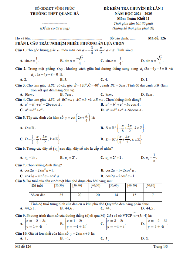 đề kiểm tra lần 1 toán 11 năm 2024 – 2025 trường thpt quang hà – vĩnh phúc