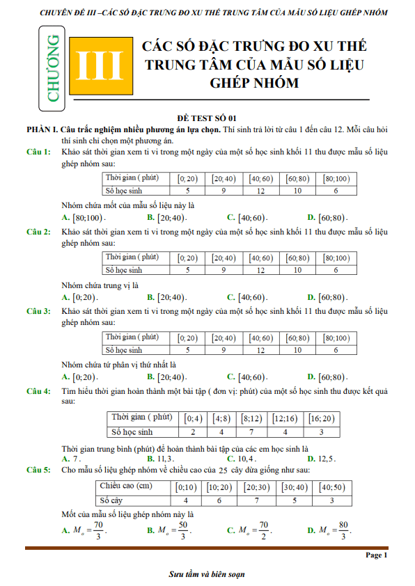 đề kiểm tra theo bài học các số đặc trưng đo xu thế trung tâm mẫu số liệu ghép nhóm