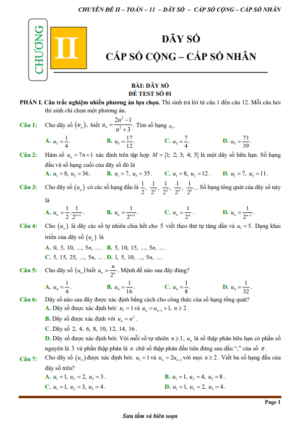 đề kiểm tra theo bài học chủ đề dãy số, cấp số cộng và cấp số nhân