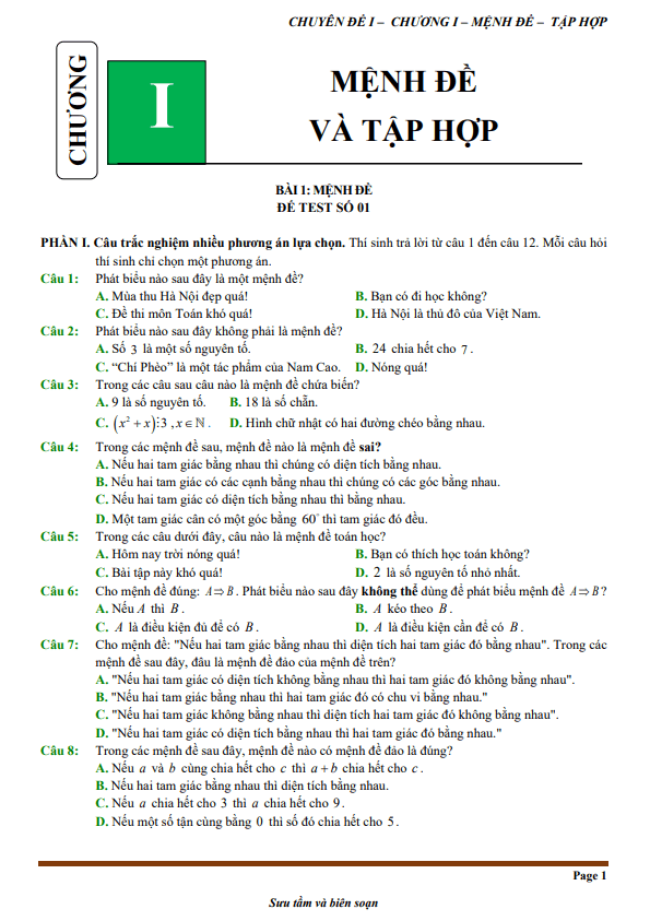 đề kiểm tra theo bài học chủ đề mệnh đề và tập hợp