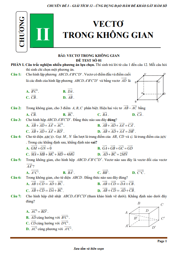 đề kiểm tra theo bài học chủ đề vectơ và hệ trục tọa độ trong không gian