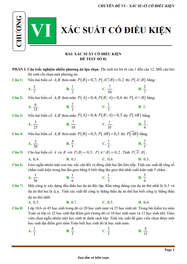 đề kiểm tra theo bài học chủ đề xác suất có điều kiện