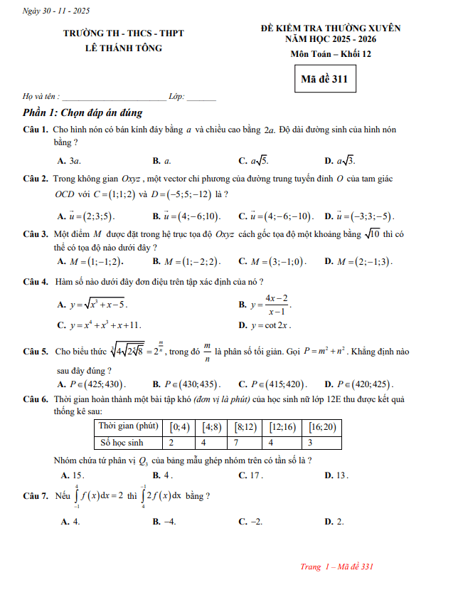 Tài liệu đề kiểm tra thường xuyên toán 12 năm 2025 – 2026 trường lê thánh tông – tp hcm