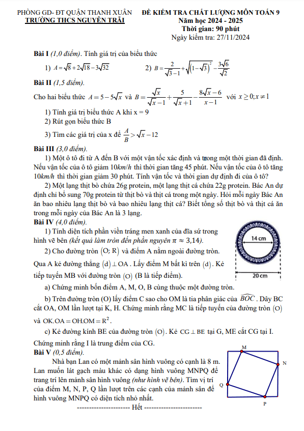 đề kiểm tra toán 9 năm 2024 – 2025 trường thcs nguyễn trãi – hà nội