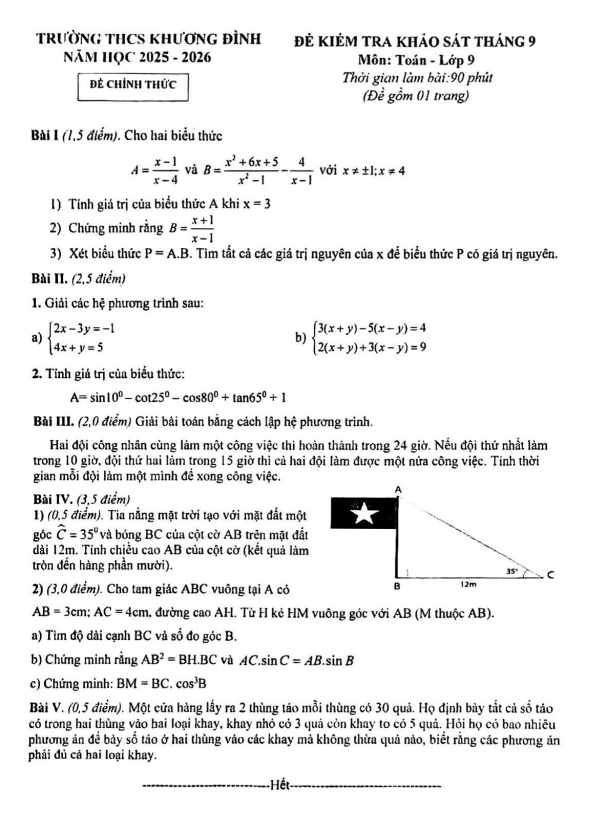 đề kiểm tra toán 9 tháng 9 năm 2025 trường thcs khương đình – hà nội
