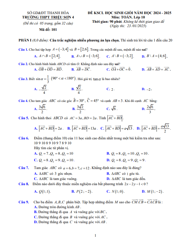 đề kscl học sinh giỏi toán 10 năm 2024 – 2025 trường thpt triệu sơn 4 – thanh hóa