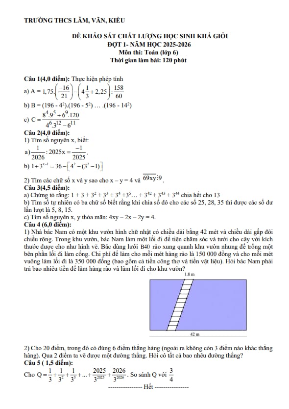 đề kscl học sinh giỏi toán 6 đợt 1 năm 2025 – 2026 cụm thcs lâm-văn-kiều – nghệ an