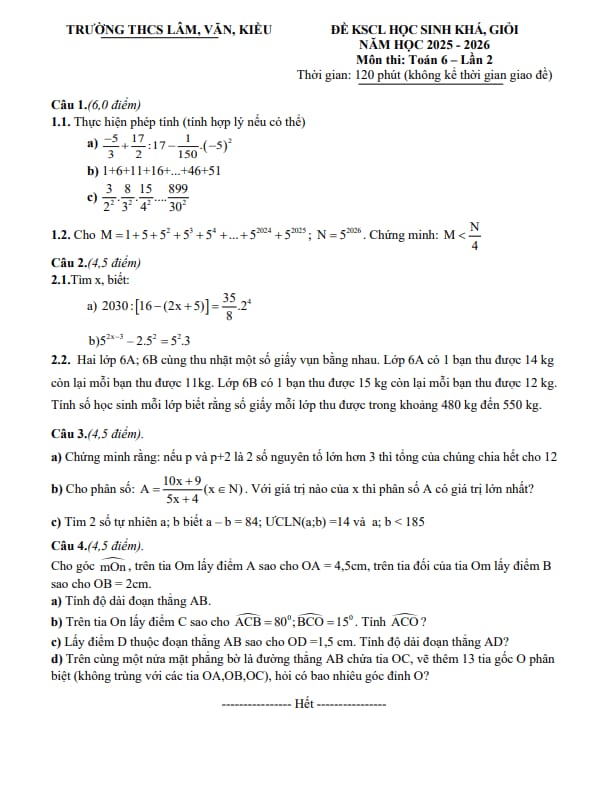 đề kscl học sinh giỏi toán 6 lần 2 năm 2025 – 2026 cụm thcs lâm-văn-kiều – nghệ an