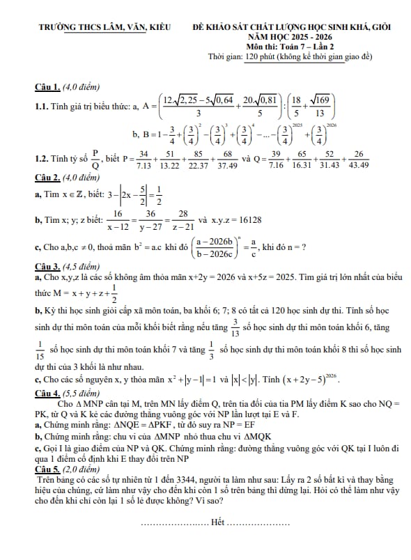 đề kscl học sinh giỏi toán 7 lần 2 năm 2025 – 2026 cụm thcs lâm-văn-kiều – nghệ an
