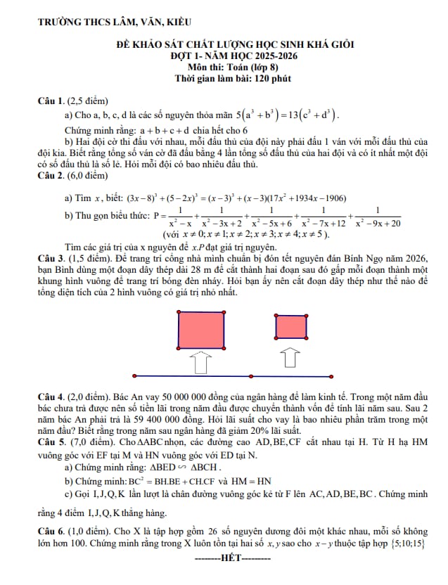 đề kscl học sinh giỏi toán 8 đợt 1 năm 2025 – 2026 cụm thcs lâm-văn-kiều – nghệ an