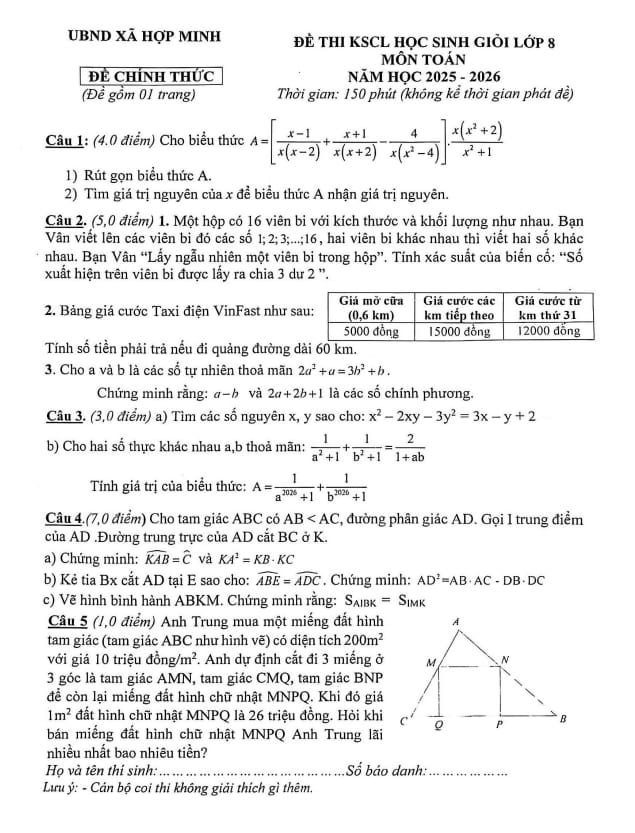 đề kscl học sinh giỏi toán 8 năm 2025 – 2026 xã hợp minh – nghệ an