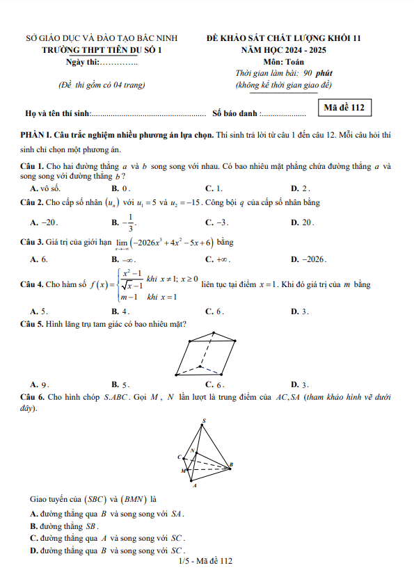 đề kscl toán 11 năm 2024 – 2025 trường thpt tiên du 1 – bắc ninh