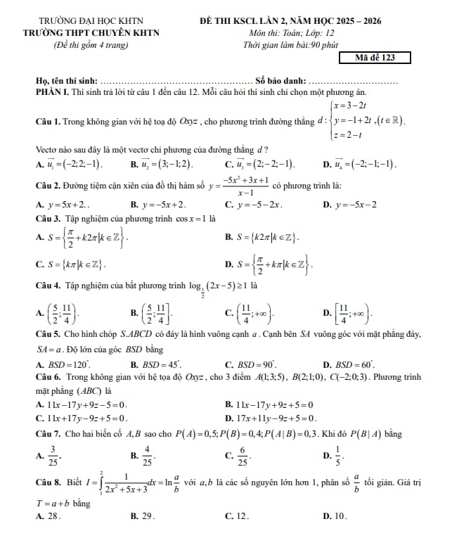 đề kscl toán 12 lần 2 năm 2025 – 2026 trường thpt chuyên khtn – hà nội
