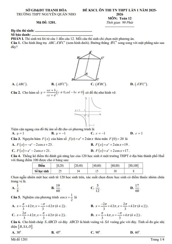 đề kscl toán 12 thi tn thpt 2026 lần 1 trường thpt nguyễn quán nho – thanh hóa