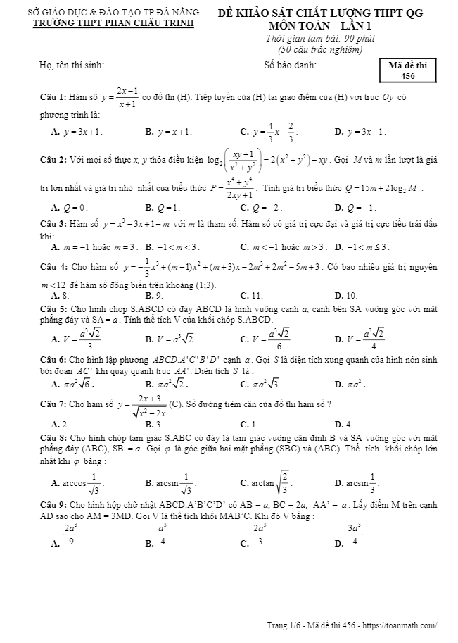 đề kscl toán thpt quốc gia 2019 lần 1 trường phan châu trinh – đà nẵng