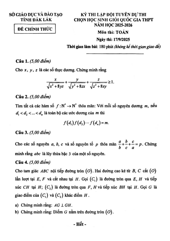 đề lập đội tuyển thi hsg qg môn toán thpt năm 2025 – 2026 sở gd&đt đắk lắk