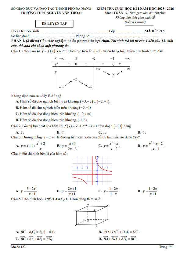 đề luyện tập cuối kì 1 toán 12 năm 2025 – 2026 trường thpt nguyễn văn thoại – đà nẵng
