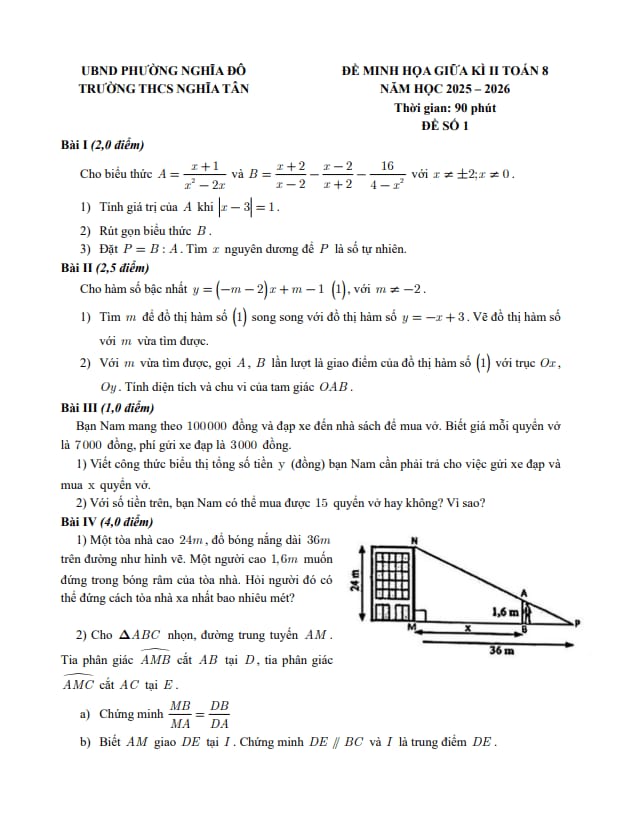 đề minh họa giữa kì 2 toán 8 năm 2025 – 2026 trường thcs nghĩa tân – hà nội