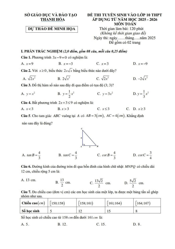 đề minh họa tuyển sinh lớp 10 môn toán năm 2025 – 2026 sở gd&đt thanh hóa