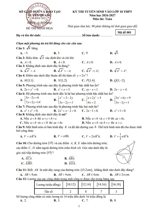 đề minh họa tuyển sinh lớp 10 môn toán năm 2026 – 2027 sở gd&đt tuyên quang