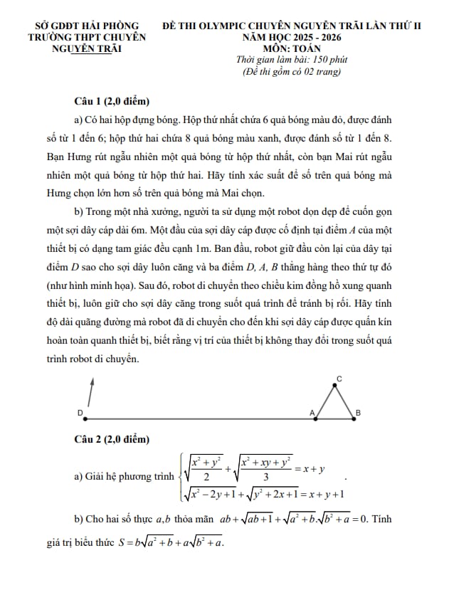 đề olympic toán thcs lần 2 năm 2025 – 2026 trường chuyên nguyễn trãi – hải phòng