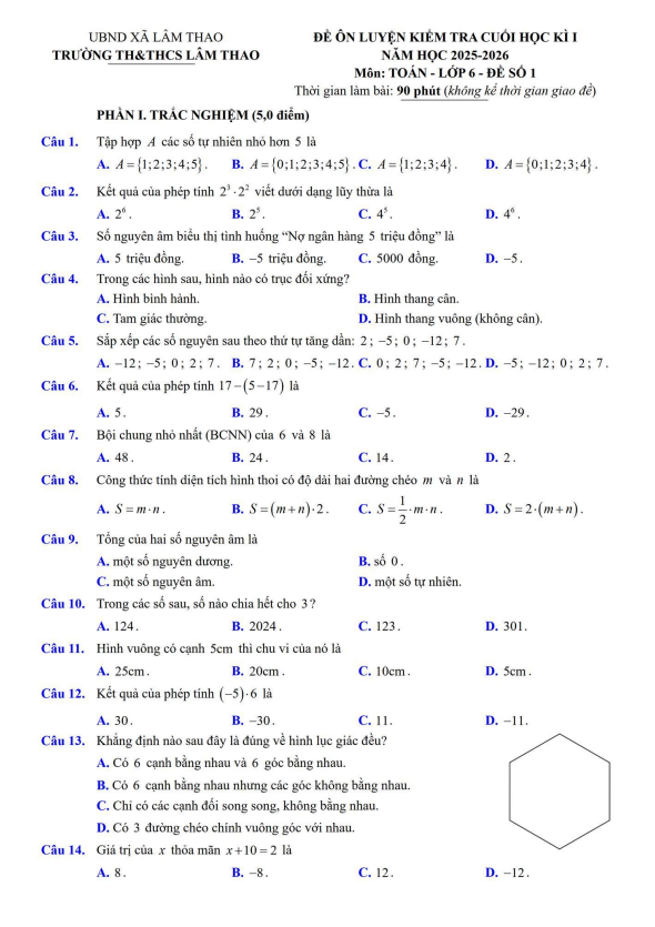 đề ôn luyện cuối kì 1 toán 6 năm 2025 – 2026 trường th&thcs lâm thao – bắc ninh