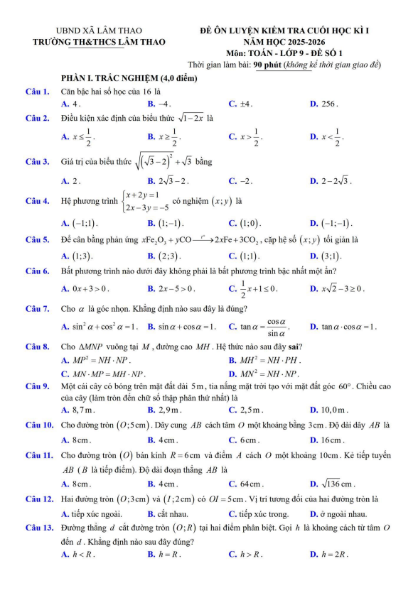 đề ôn luyện cuối kì 1 toán 9 năm 2025 – 2026 trường th&thcs lâm thao – bắc ninh