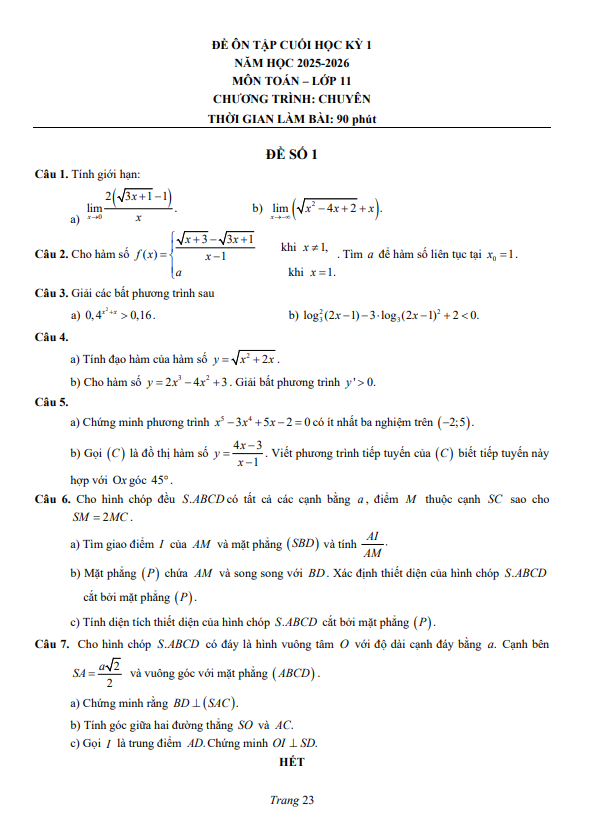 đề ôn tập ck1 toán 11 năm 2025 – 2026 trường chuyên lương văn chánh – đắk lắk