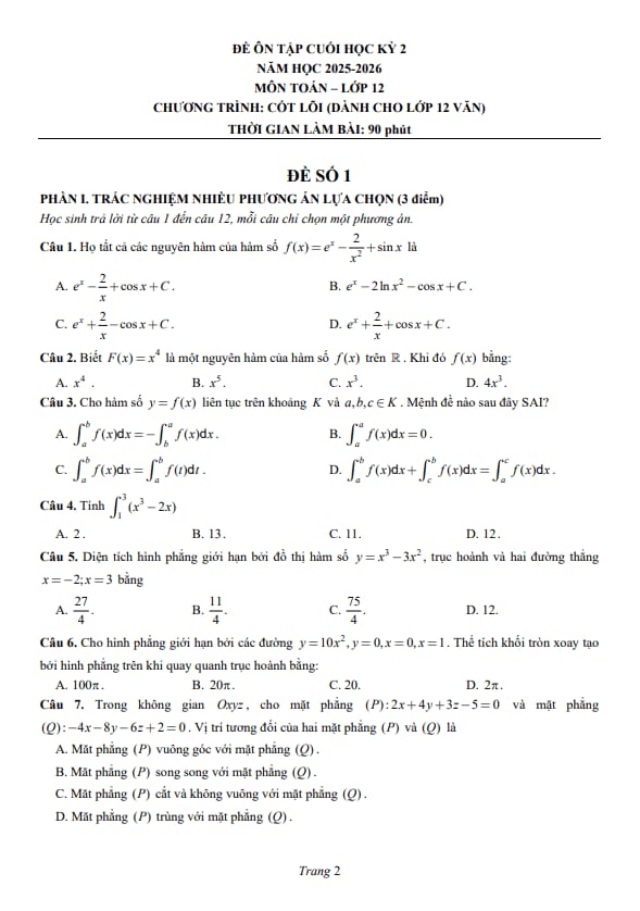 đề ôn tập ck2 toán 12 năm 2025 – 2026 trường chuyên lương văn chánh – đắk lắk