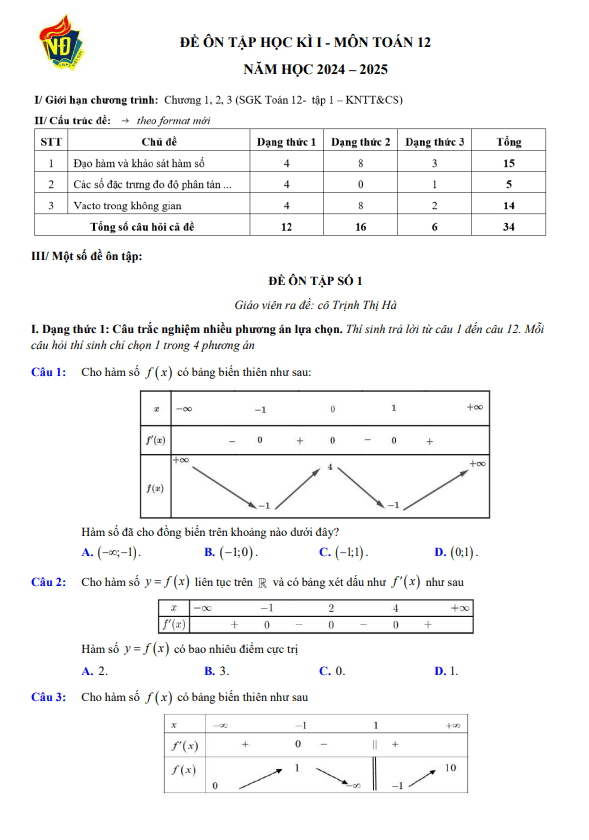 đề ôn tập cuối học kì 1 toán 12 năm 2024 – 2025 trường thpt việt đức – hà nội