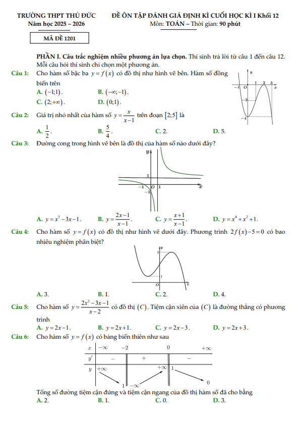 đề ôn tập cuối học kì 1 toán 12 năm 2025 – 2026 trường thpt thủ đức – tp hcm