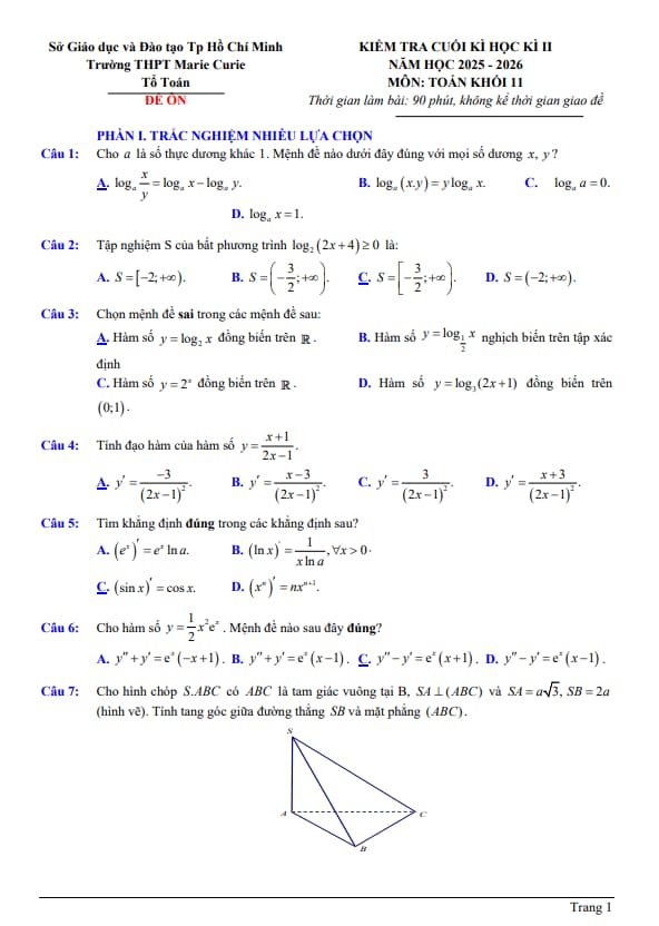 đề ôn tập cuối kì 2 toán 11 năm 2025 – 2026 trường thpt marie curie – tp hcm
