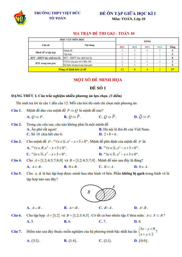 đề ôn tập giữa kì 1 toán 10 năm 2025 – 2026 trường thpt việt đức – hà nội