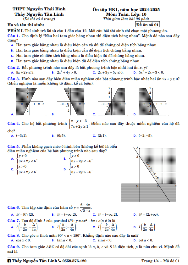 đề ôn tập hk1 toán 10 năm 2024 – 2025 trường thpt nguyễn thái bình – tp hcm