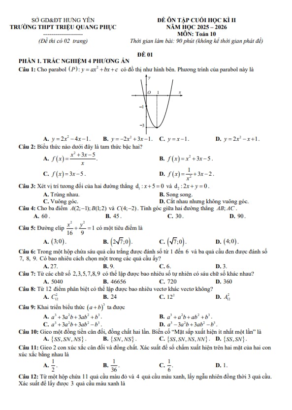 đề ôn tập hk2 toán 10 năm 2025 – 2026 trường thpt triệu quang phục – hưng yên