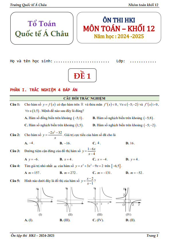 đề ôn thi hk1 toán 12 năm 2024 – 2025 trường quốc tế á châu – tp hcm