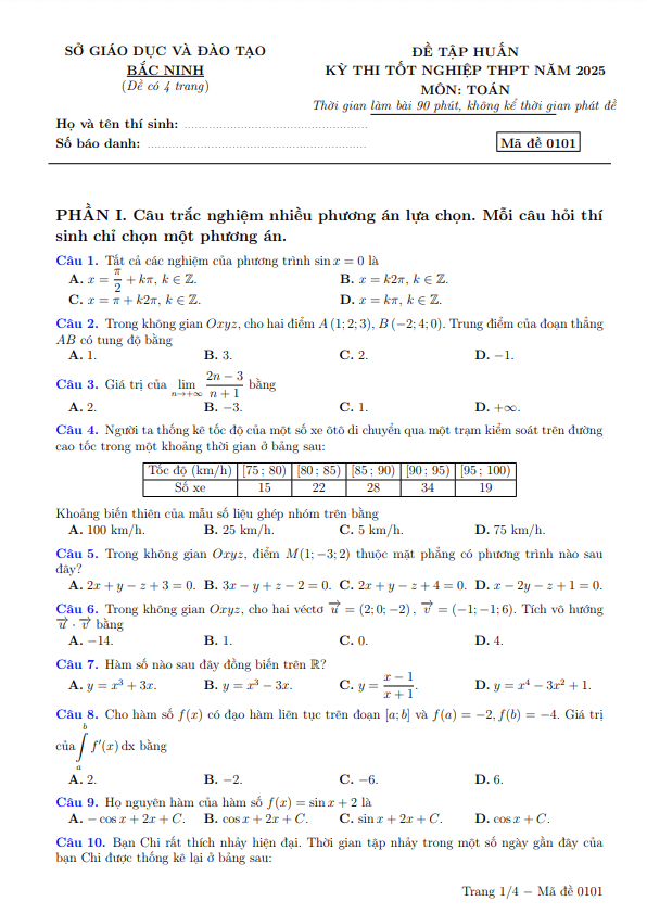 đề tập huấn thi tốt nghiệp thpt 2025 môn toán sở gd&đt bắc ninh