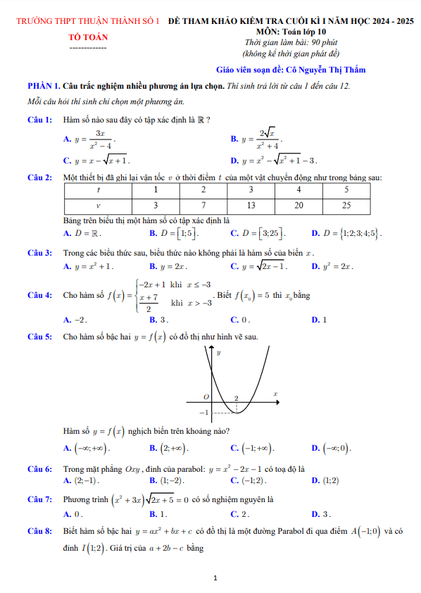 đề tham khảo cuối kì 1 toán 10 năm 2024 – 2025 trường thpt thuận thành 1 – bắc ninh