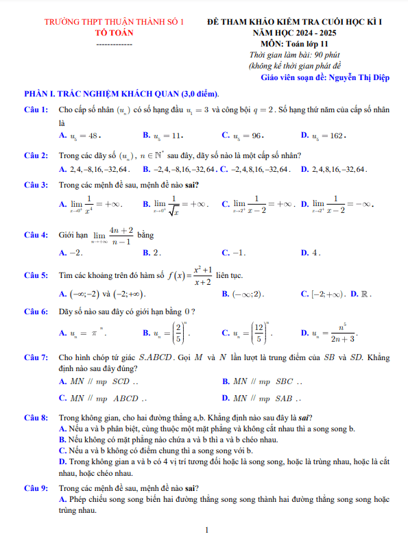 đề tham khảo cuối kì 1 toán 11 năm 2024 – 2025 trường thpt thuận thành 1 – bắc ninh