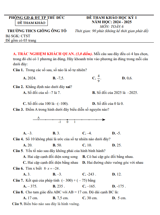 đề tham khảo cuối kỳ 1 toán 6 năm 2024 – 2025 phòng gd&đt thủ đức – tp hcm
