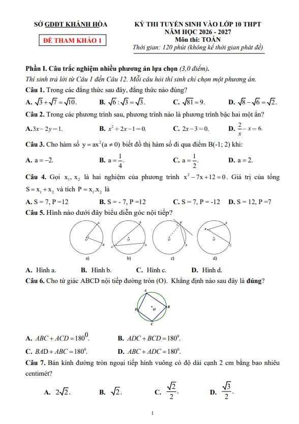 đề tham khảo tuyển sinh lớp 10 môn toán năm 2026 – 2027 sở gd&đt khánh hòa