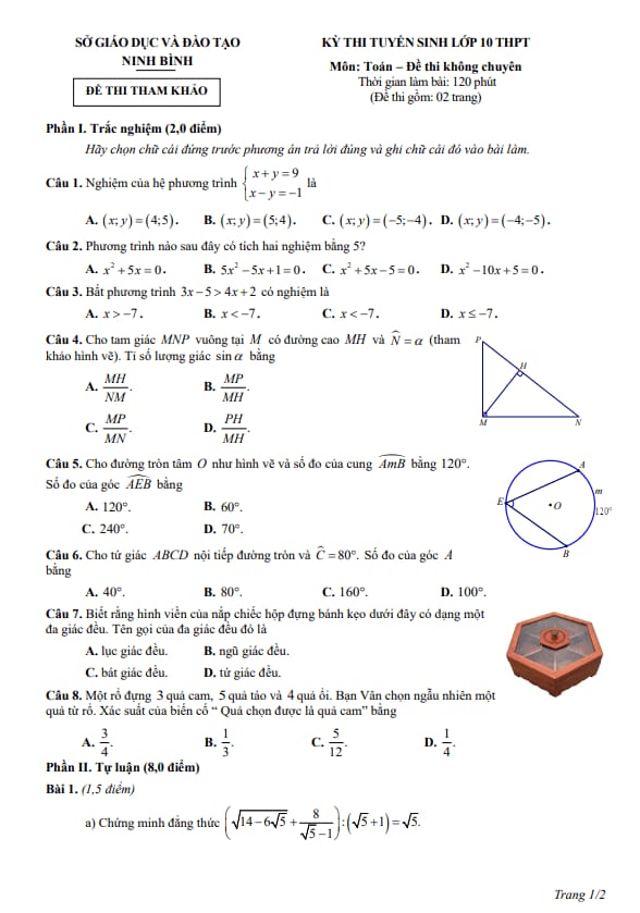 đề tham khảo tuyển sinh lớp 10 môn toán năm 2026 – 2027 sở gd&đt ninh bình