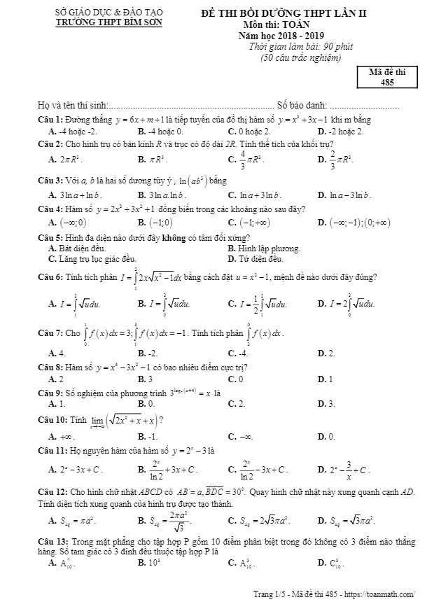 đề thi bồi dưỡng thpt lần 2 môn toán năm 2018 – 2019 trường bỉm sơn – thanh hóa