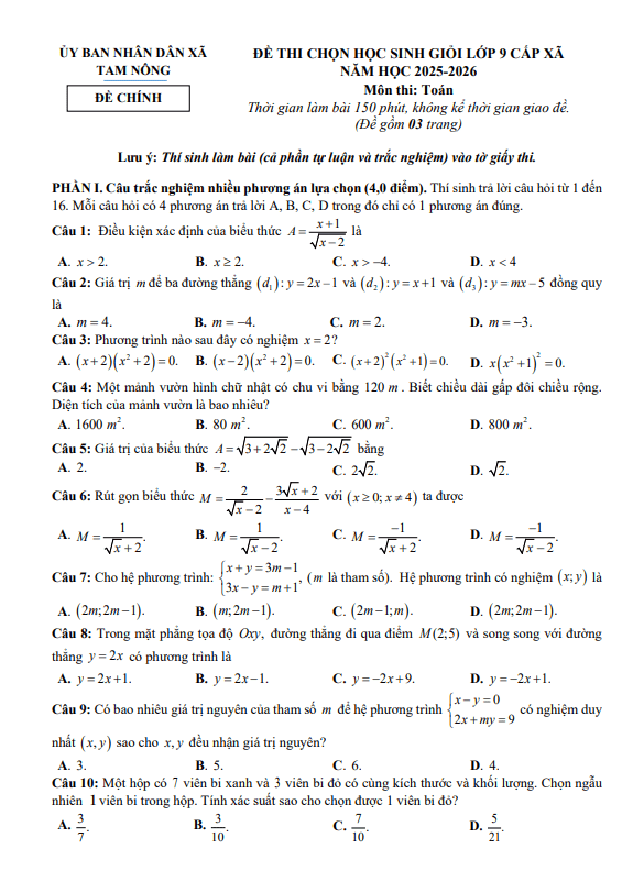 đề thi chọn học sinh giỏi toán 9 năm 2025 – 2026 xã tam nông – phú thọ