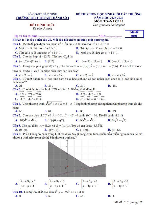 đề thi chọn hsg toán 10 năm 2025 – 2026 trường thpt thuận thành 1 – bắc ninh