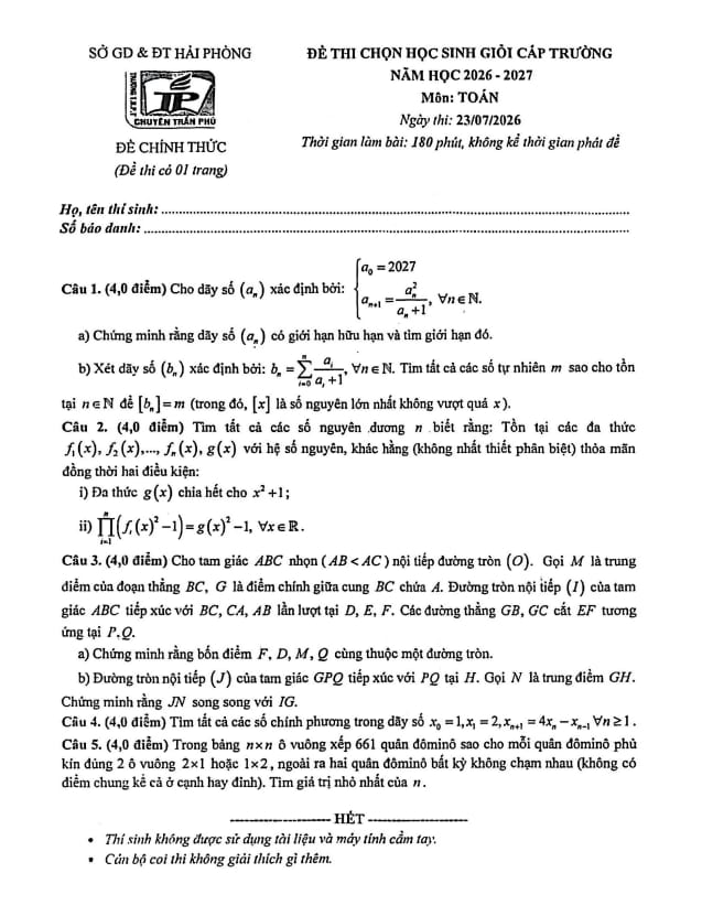 đề thi chọn hsg toán năm 2026 – 2027 trường thpt chuyên trần phú – hải phòng